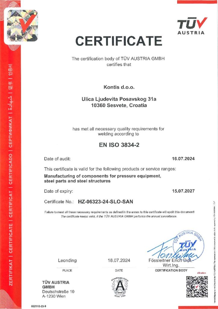 Kontis d.o.o. - EN ISO 3834-2 Certificate