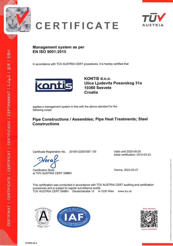 Kontis d.o.o. EN ISO 9001:2015 Certifikat